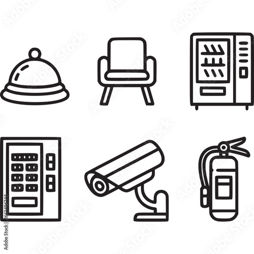 Art of collection of icons representing hotel amenities and security features, including a bellhop service bell, armchair, vending machine, keypad, security camera, and fire extinguisher
