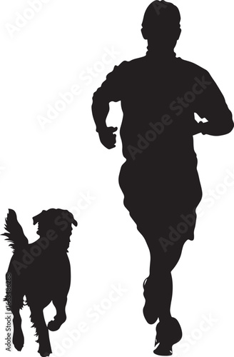 Human and Dog Running Silhouette A human athlete jogging with a dog by their side, complete black vector silhouette design.