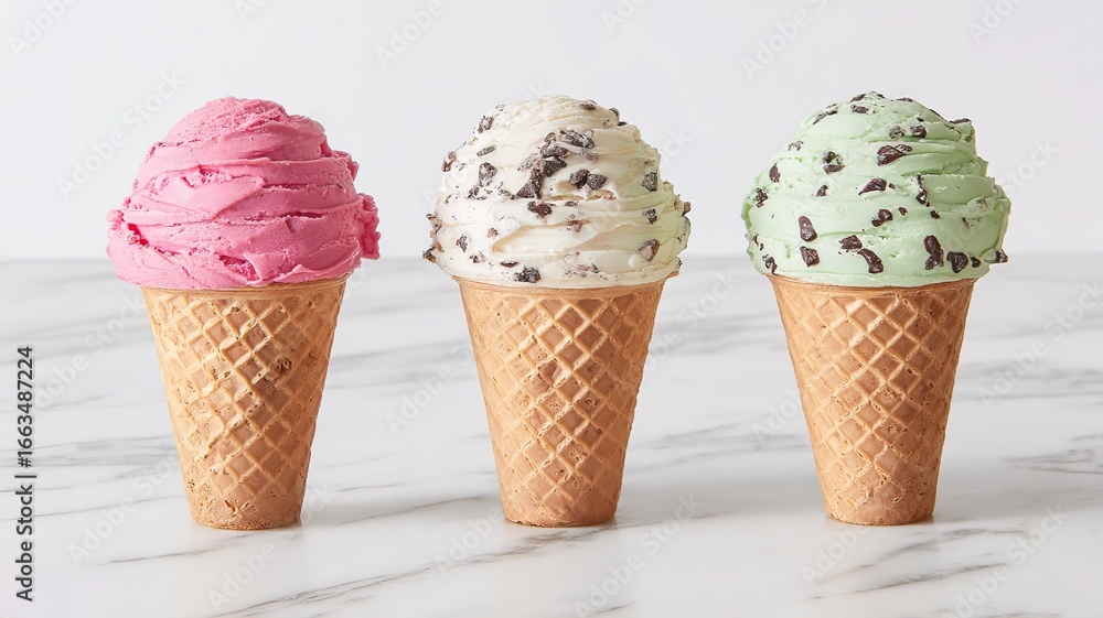 Summer Ice Cream Cones Strawberry Vanilla Mint Chocolate, Flat Lay Top View on White Marble for Food Advertising and Packaging Summer Ice Cream Cones Strawberry Vanilla Mint Chocolate, Flat Lay Top View on White Marble for Food Advertising and Packaging
