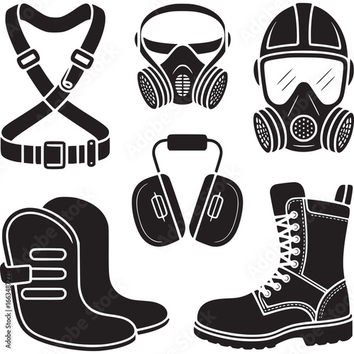 Art of collection of black silhouette icons representing safety and protective gear, including gas masks, boots, and earmuffs, isolated on a