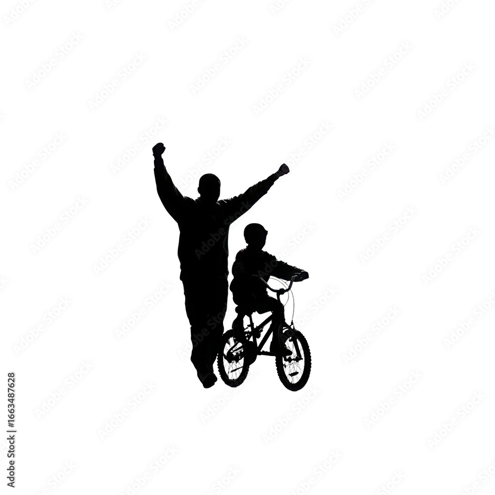 Fototapeta premium Silhouette of Father and Son Celebrating a Successful Bike Ride