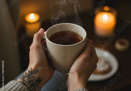 Cozy evening contemplation: hands holding warm beverage with soft candle illumination