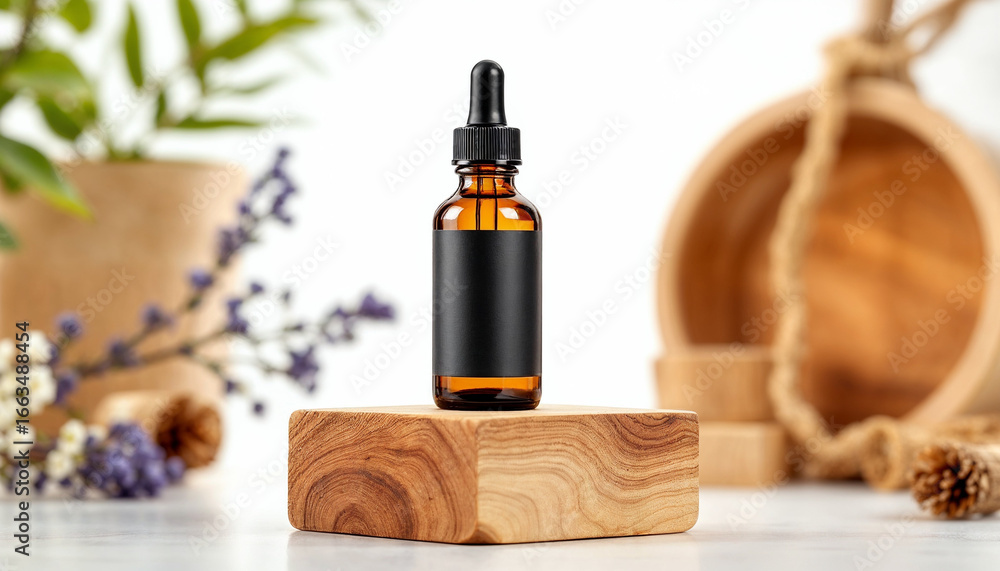 Naklejka premium Studio shot of brown glass dropper bottle on wooden block against white background