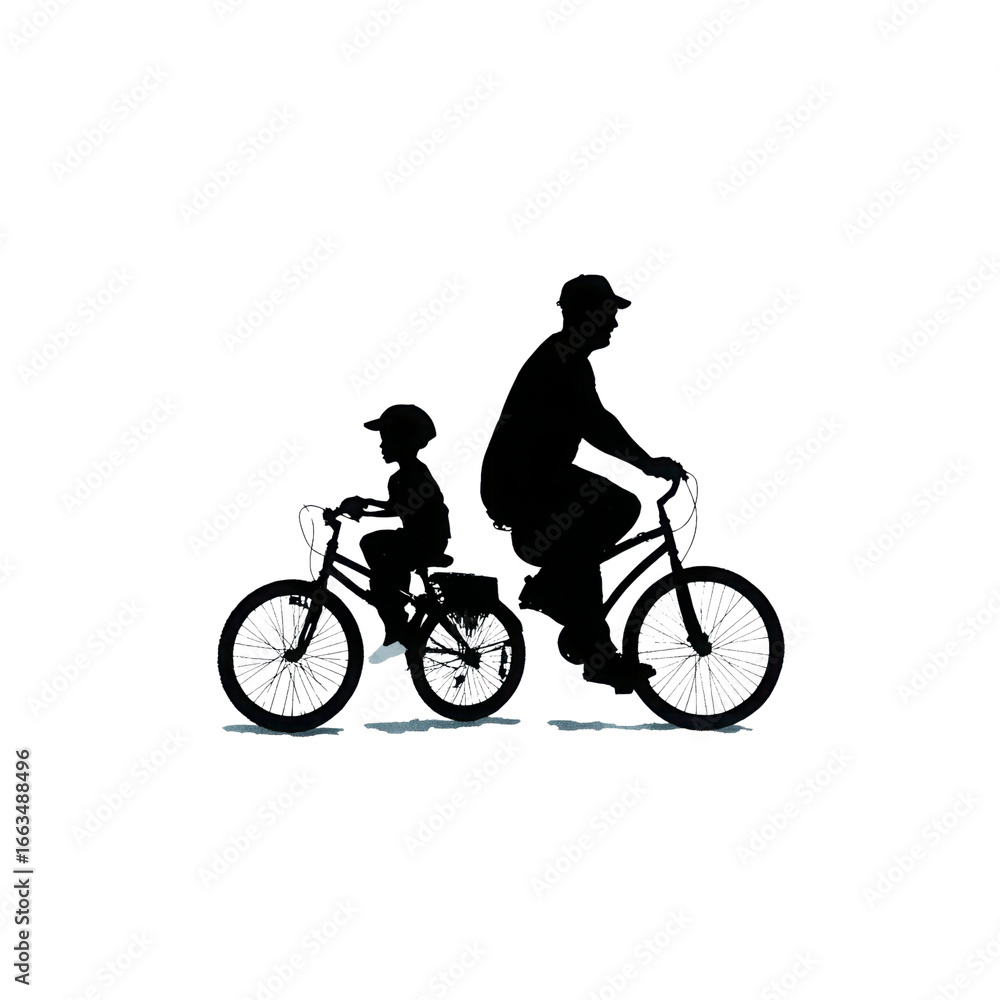 Fototapeta premium Silhouette of Father and Son Riding Bikes at Sunset