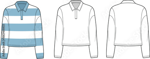 CAD drawing flat vector illustration of long sleeve polo shirt, blue and white striped front, plain back view, collar detail, apparel fashion sketch, garment layout template