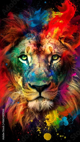 Vibrant lion portrait with colorful splashes