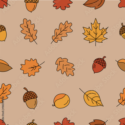 Autumnal Vector Pattern with Acorn and Maple Leaves Illustration Modern Style Tan Brown and Orange Colors