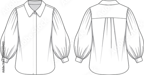 CAD drawing flat vector illustration of long sleeve shirt, front and back views, pleat detail, buttoned cuffs, technical sketch layout, fashion design, garment template