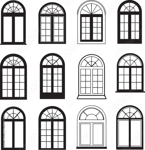 Twelve black silhouette architectural windows with arched tops and diverse pane configurations arched window