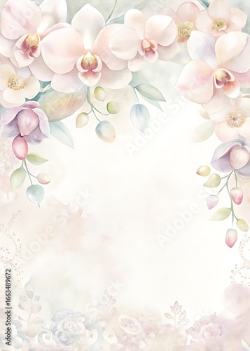 Romantic Pastel Floral Border with Cascading Orchids, Ivory Blossoms and Eucalyptus 132