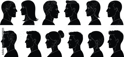 Collection of black and white profile silhouettes of diverse men and women faces vector illustration