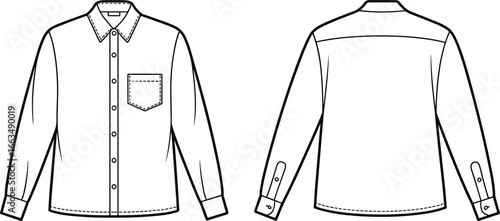 CAD drawing flat vector illustration of long sleeve shirt, front and back garment view, button closure detail, stitched cuffs and collar, pocket layout design, fashion apparel template