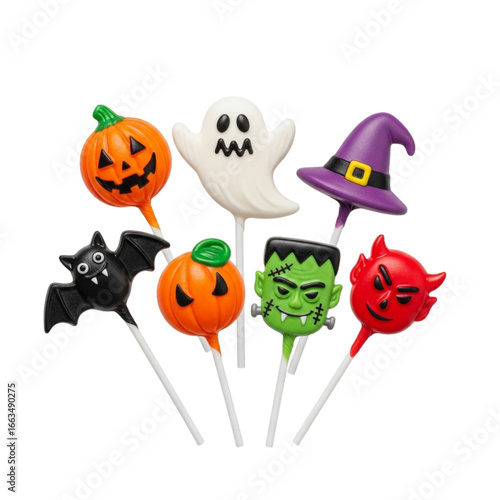 Festive halloween cake pops featuring spooky characters and candy decorations on sticks transparent background