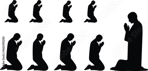 Collection of eleven black silhouettes of people praying on white background religion