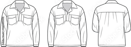 CAD drawing flat vector illustration of long sleeve shirt, front and back views, structured stitching, pocket design, stylish garment layoutCAD 