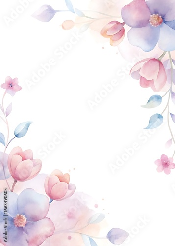 Whimsical Watercolor Floral Border with Pastel Blossoms and Floating Petals 150