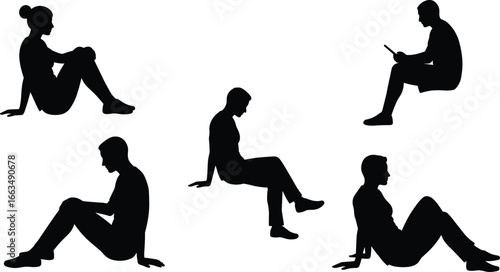 Diverse group of five people in silhouette sitting in various poses on white background woman