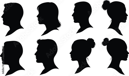 Eight black silhouette profile portraits of men and women on white background people