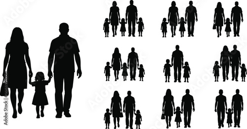 Family silhouettes of parents holding hands with children walking together Keywords: family, parents