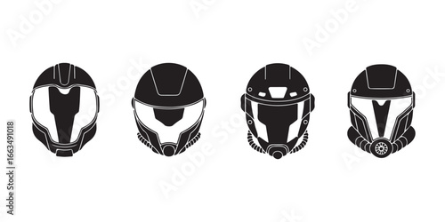 Four black and white stylized helmets with different designs arranged in a horizontal line on white