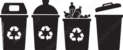 Trash cans with recycling symbols and bottles waste