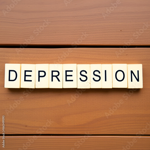 Motivational and inspirational word - Depression written on wooden blocks and arranged on a wooden table.