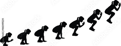 Progression of a girl's squatting motion in silhouette on a white background child