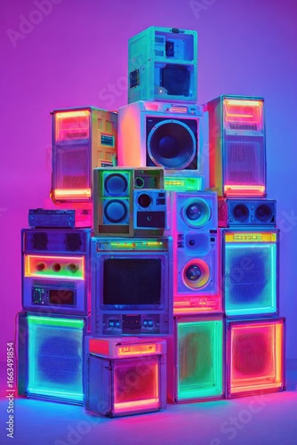 Stacked retro electronics, vibrant neon lights