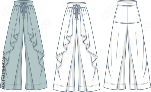 CAD drawing flat vector illustration of long-sleeve women’s blouse, puff sleeve detail, side button design, front and back views, garment layout, fashion sketch, clothing template