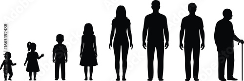 Silhouettes of people of different ages from baby to elderly man on white stages life