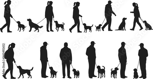 Silhouettes of people walking dogs in various poses on a white background woman person