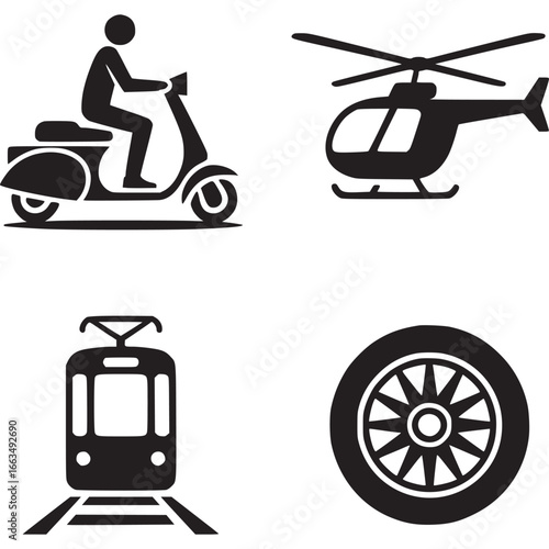 Art of collection of transportation icons including a scooter, helicopter, train, and wheel