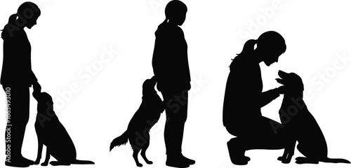 Woman training and interacting with dogs in different poses on white background girl person
