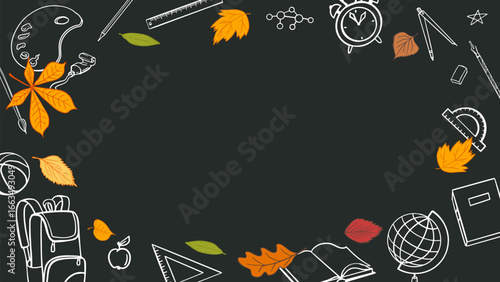 Hand-drawn autumn leaves and school supplies frame a bold ‘Back to School Sale’ title on a black chalkboard background. Perfect for school promos, web ads, email headers.