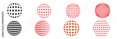 Abstract sphere, dotted globe, star pattern, hexagon mesh, curved line, geometric form, futuristic ball, illusion shape icon vector illustration