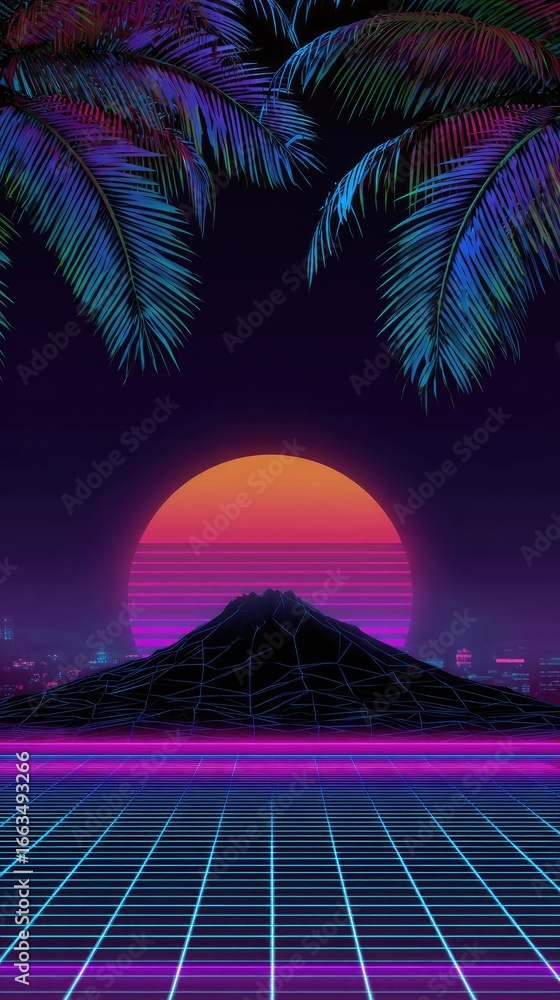 Naklejka premium Retro-futuristic landscape with vibrant sunset, palm trees, and glowing grid