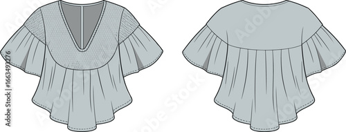 Cad drawing flat vector illustration of loose blouse, ruffled sleeves, deep V neckline, textured fabric, casual wear, summer top, women’s fashion, garment design, style sketch.