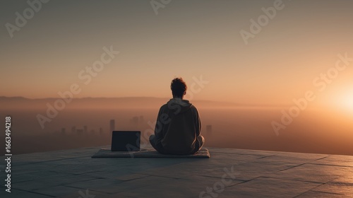 都市の夕景を見下ろす屋上で瞑想する人物とノートパソコン | Person Meditating on a Rooftop Overlooking Cityscape at Sunset with Laptop