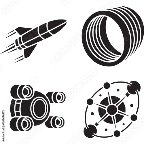 Art of a set of black and white graphic icons representing space exploration, including a rocket, a ring, a spacecraft module, and a celestial body