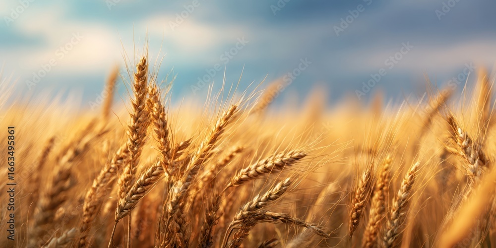 Obraz premium The golden wheat field swaying gently under a blue sky.