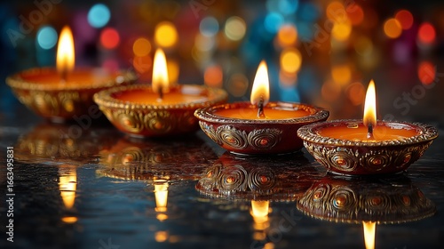 Row of Oil Lamps with Warm Glowing Flames
