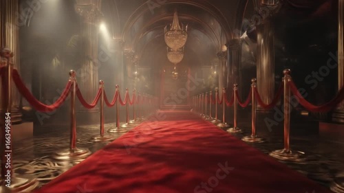 Grand hall with ornate columns and chandeliers, leading to a red carpet walkway