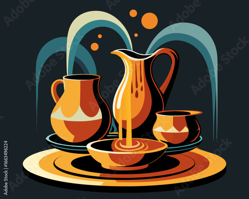 Stylized ceramic jugs pouring liquid in abstract setting