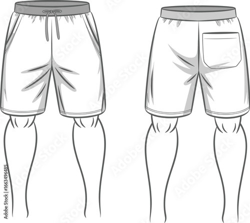 CAD drawing flat vector illustration of men’s athletic shorts, front and back views, drawstring waist, pocket detail, technical sketch layout, casual sportswear design, garment template
