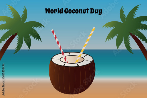 World coconut day. Vector illustration of seascape, palm trees and coconut with straws.