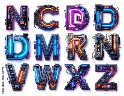 A futuristic, stylized alphabet.  Letters glow with vibrant, neon colors.  Mechanical parts and circuitry are visible within each letter's design.  Image is isolated against white