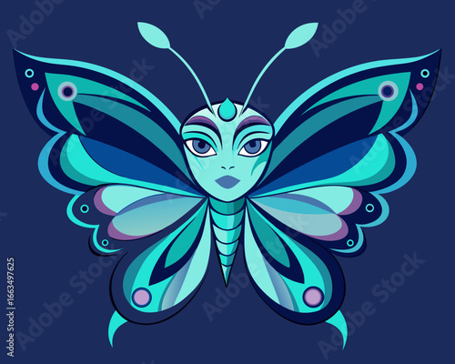 Artistic butterfly with a human face and teal and blue wings