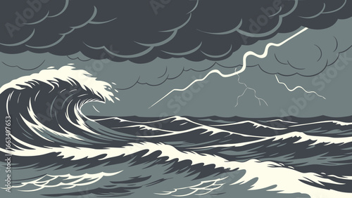 Illustration of a stormy sea with large waves, dark clouds, and a lightning strike in the background