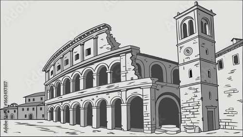 Illustration of an ancient roman colosseum ruin with a tower and building structures in the background