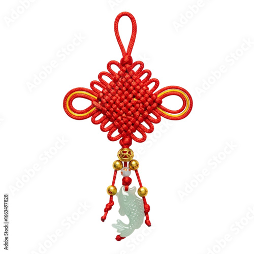 Intricate red chinese knot with jade pendant symbolizing luck and prosperity transparent background